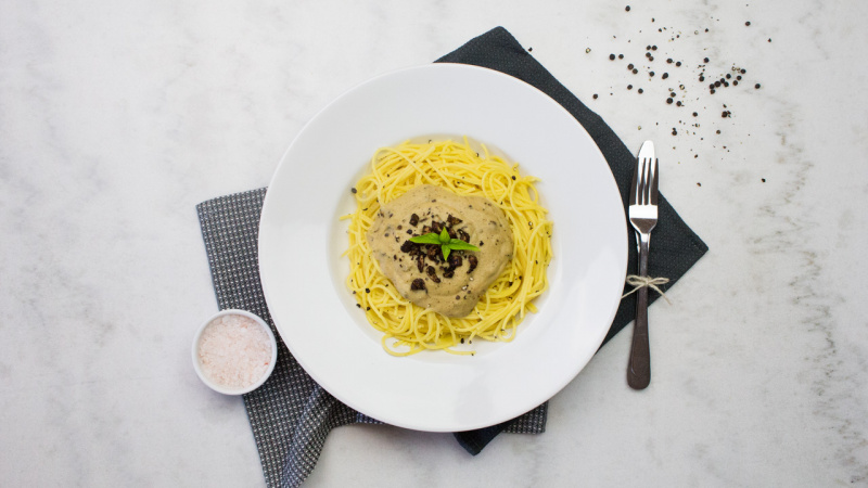Pasta carbonara med champinjonbacon i gruppen Recept / Comfort food hos Green Warrior (recept_2019_04_06)